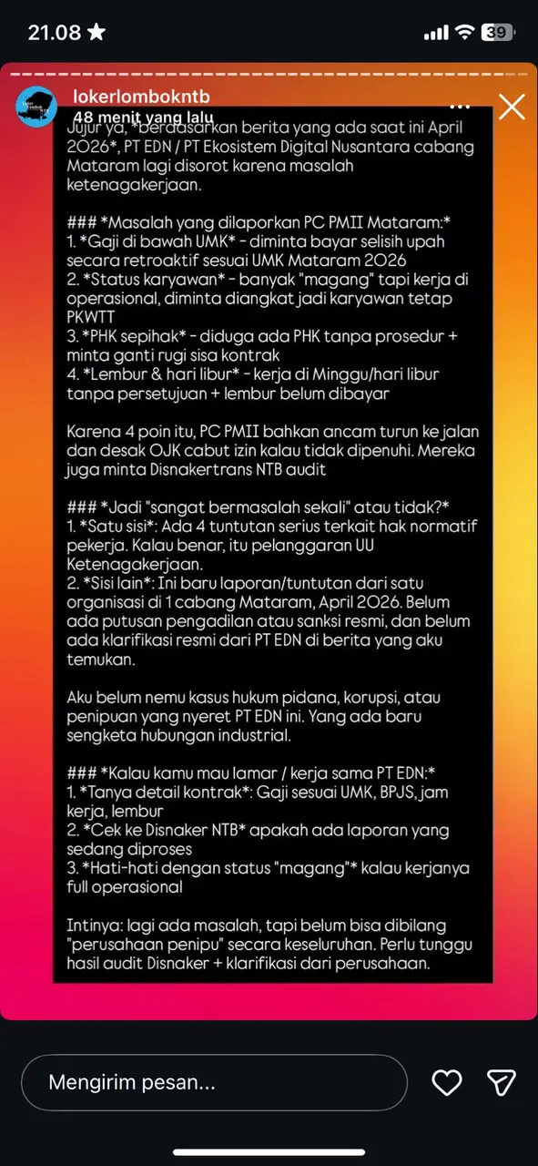 Dugaan Ujaran Kebencian Akun @lokerlombokntb, PT. EDN Nilai Rugikan Reputasi Perusahaan